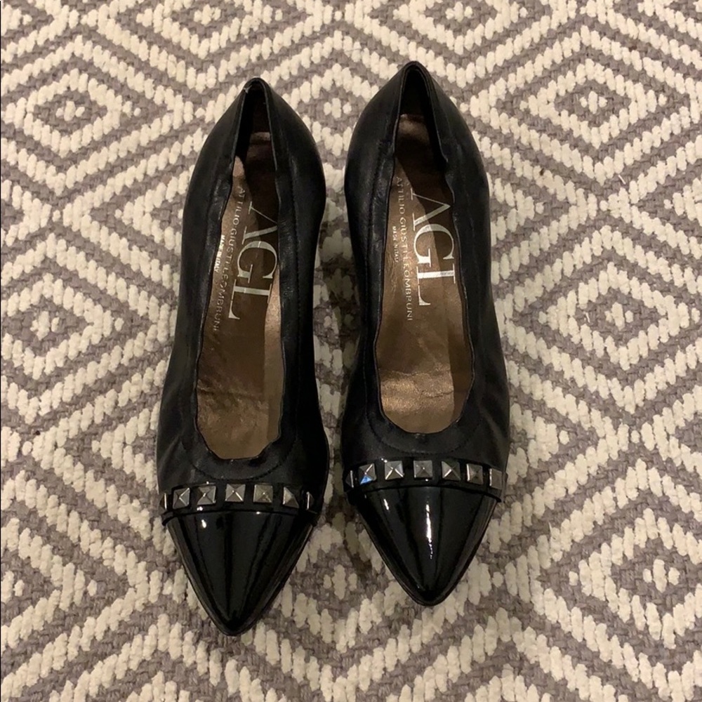 Agl Black Pointed Toe Studded Leather Pumps